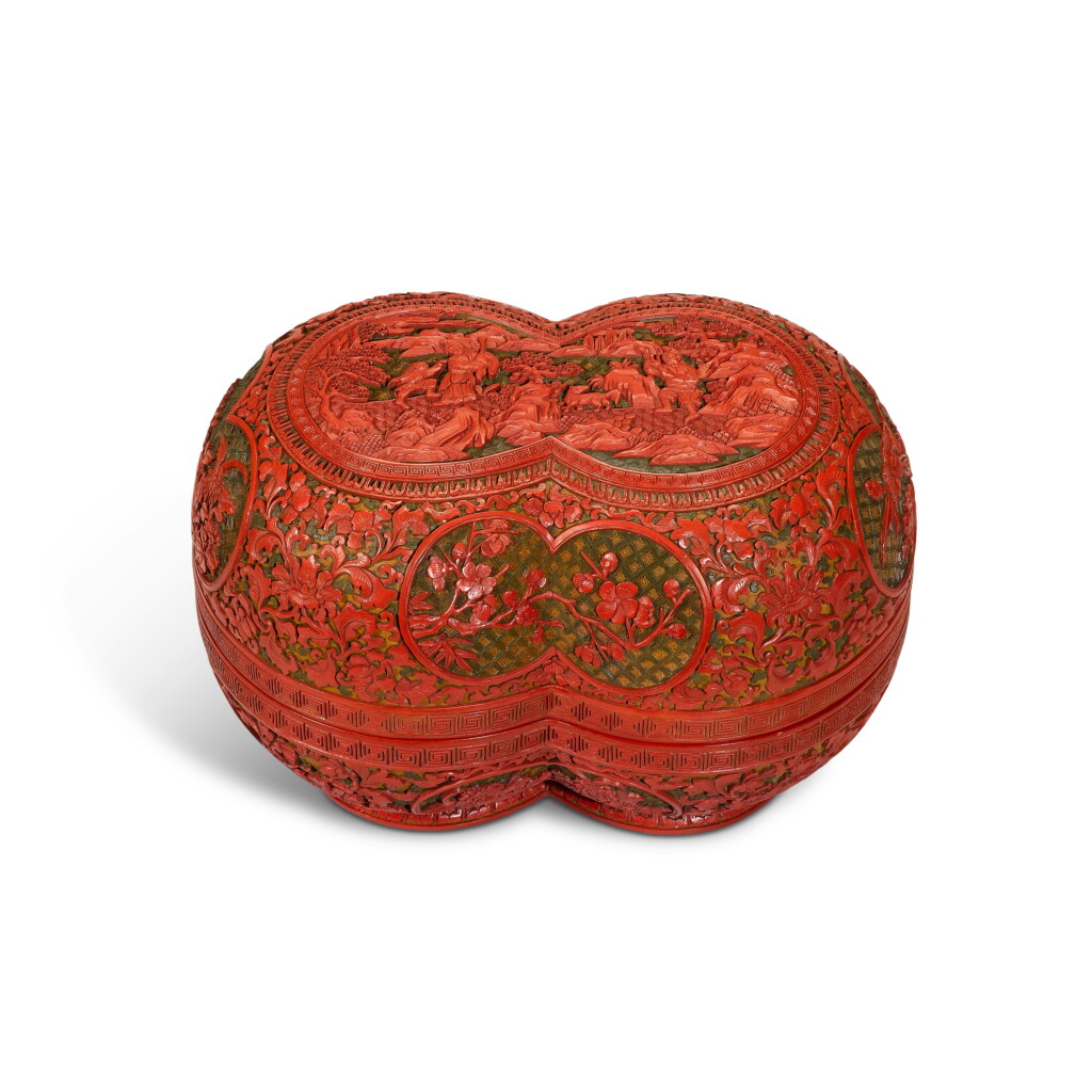 View full screen - View 1 of Lot 209. A carved polychrome lacquer 'figural' conjoined box and cover, Qing dynasty, Qianlong period | 清乾隆 剔彩人物故事圖雙聯蓋盒.