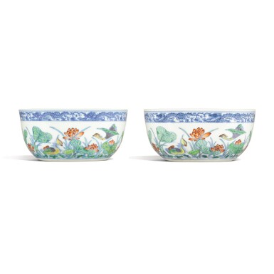 View full screen - View 1 of Lot 188. A PAIR OF DOUCAI 'LOTUS POND' BOWLS, DAOGUANG SEAL MARKS AND PERIOD | 清道光 鬪彩荷塘鴛鴦紋臥足盌一對 《大清道光年製》款.