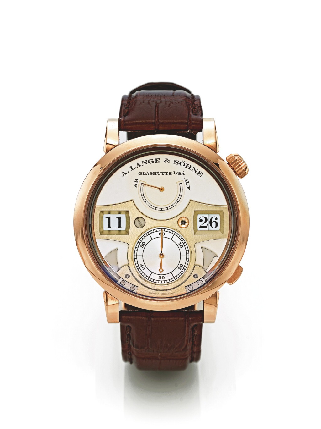 View full screen - View 1 of Lot 144. A. LANGE & SÖHNE | LANGE ZEITWERK STRIKING TIME, A PINK GOLD JUMP HOUR AND MINUTE WRISTWATCH WITH STRIKING TIME AND POWER RESERVE INDICATION CIRCA 2010.