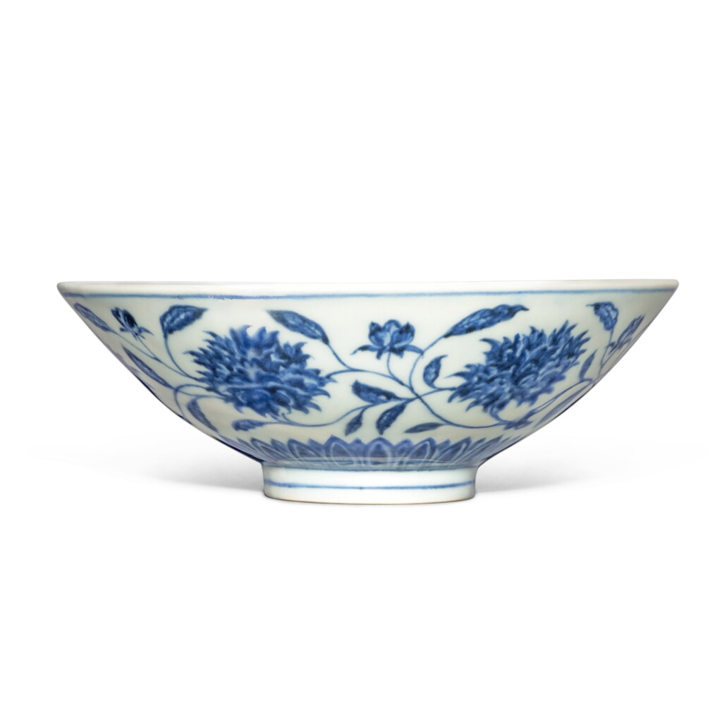 View full screen - View 1 of Lot 48. A blue and white conical 'herbaceous peony' bowl, Mark and period of Xuande.