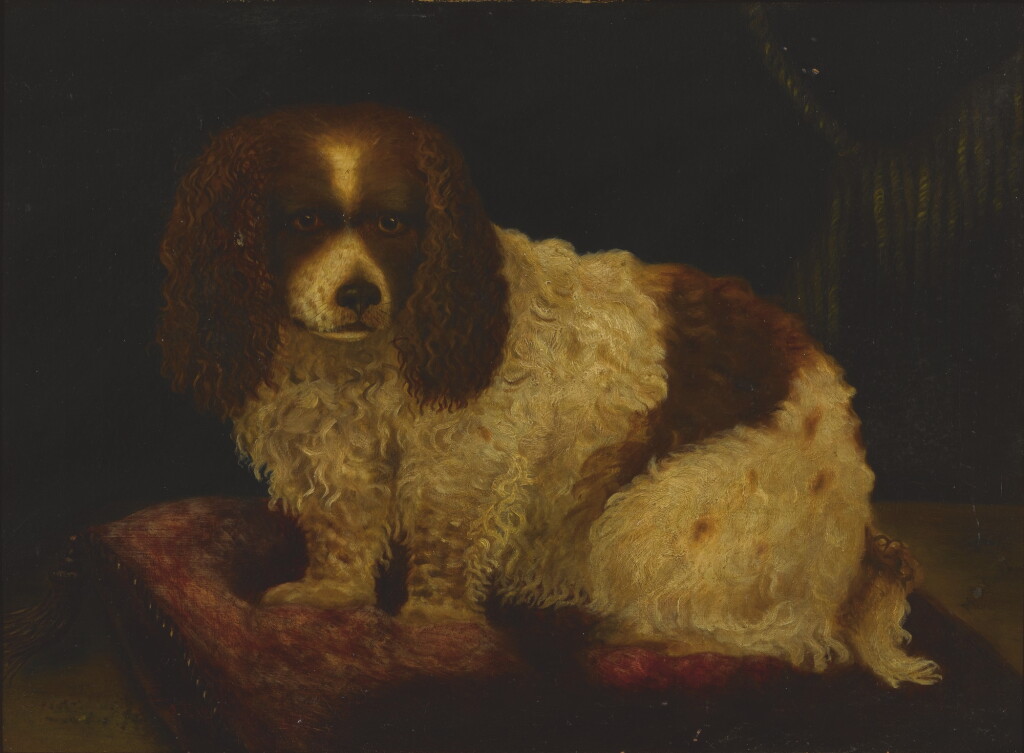 View full screen - View 1 of Lot 98. ENGLISH SCHOOL, 19TH CENTURY | CAVALIER KING CHARLES SPANIEL IN A PANELLED ROOM.