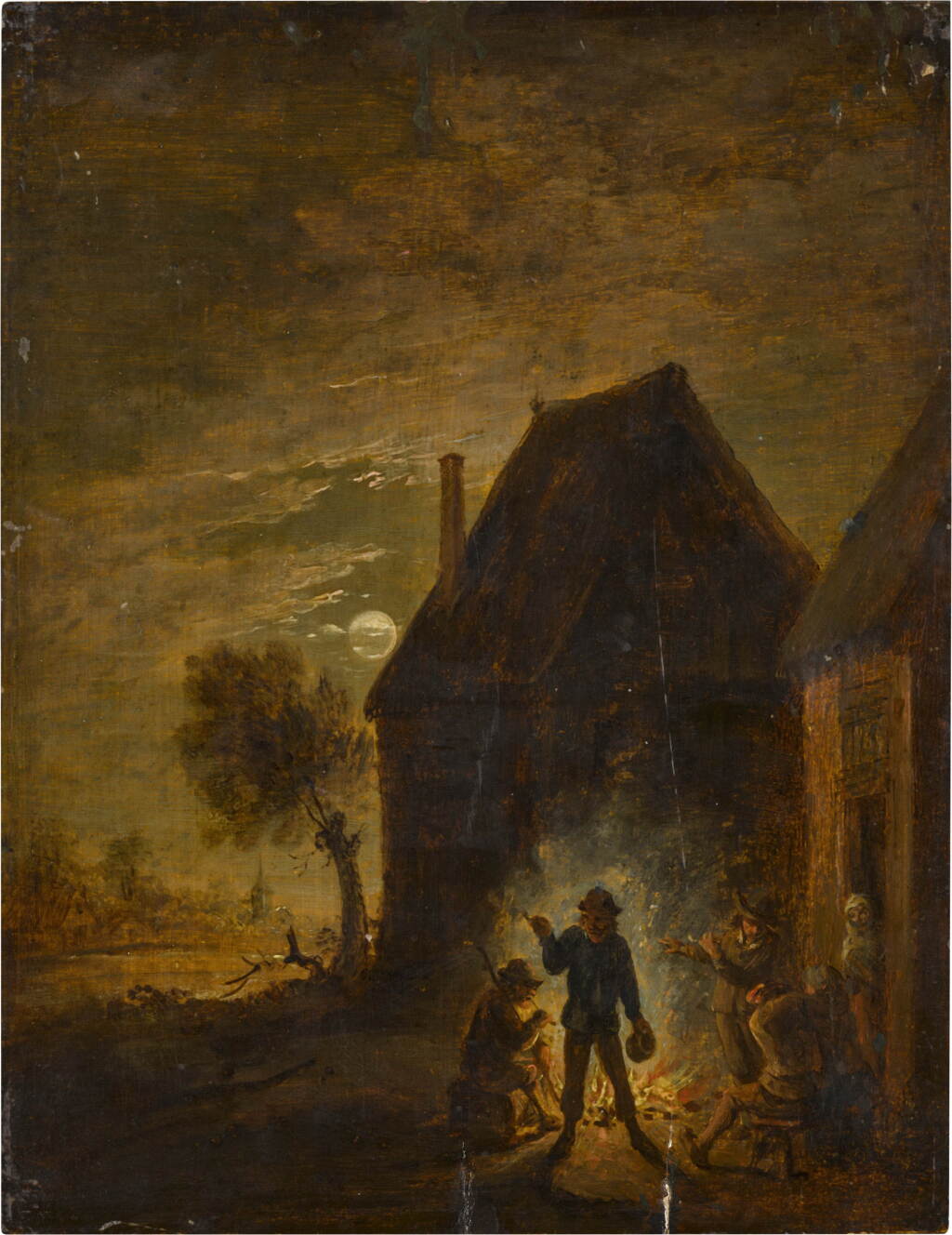 Voir en plein écran - Voir 1 du lot 635. Moonlight farm with figures around a fire.