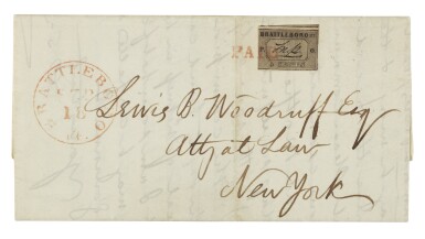 View full screen - View 1 of Lot 8. Postmaster’s Provisional Brattleboro, VT. 1846 5c Black on Buff (5X1).