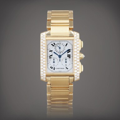 View full screen - View 1 of Lot 473. Tank française, reference 1830 Montre bracelet chronographe en or jaune et sertie de diamants avec date | Yellow gold and diamond-set chronograph wristwatch with date and bracelet Vers 2005 | Circa 2005 .