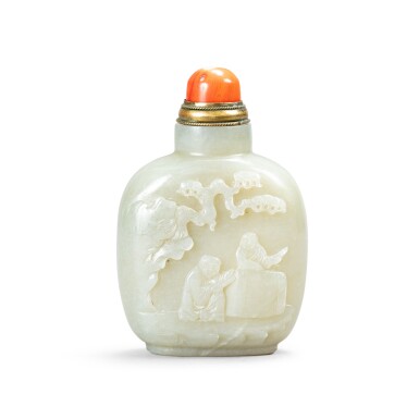 View full screen - View 1 of Lot 242. An inscribed Suzhou school white jade snuff bottle, Qing dynasty- Republican period | 清至民國 青白玉人物詩文紋鼻煙壼.