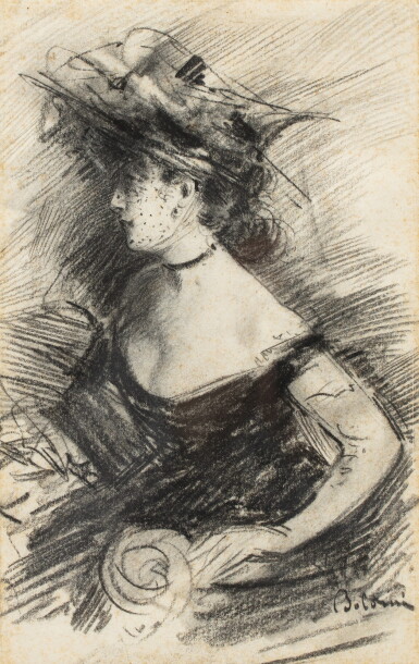 View full screen - View 1 of Lot 29. GIOVANNI BOLDINI | FEMME EN BUSTE AU CHAPEAU, DE PROFIL.