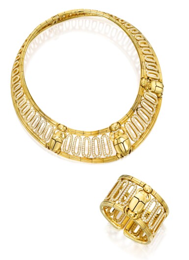 View full screen - View 1 of Lot 54. CARTIER | GOLD AND DIAMOND 'SCARAB' NECKLACE AND CUFF-BRACELET.