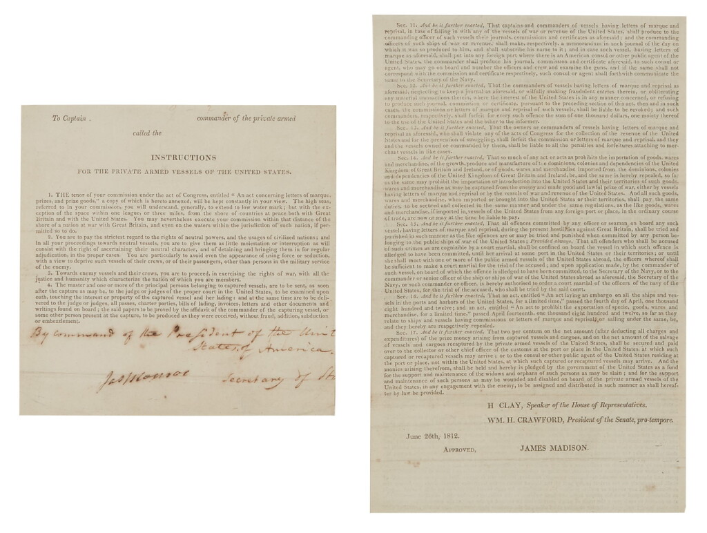 View full screen - View 1 of Lot 100. Monroe, James. A document signed, being "Instructions for the Private Armed Vessels of the United States" in the War of 1812.