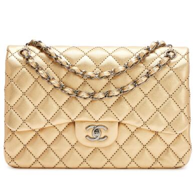 View full screen - View 1 of Lot 105. Gold Metallic Quilted Caviar Jumbo Classic Double Flap Dark Silver Hardware, 2014.