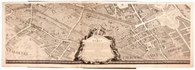 View full screen - View 1 of Lot 302. Turgot. Plan de Paris. 1739, folio, red morocco with arms of the city of Paris. A fine example.