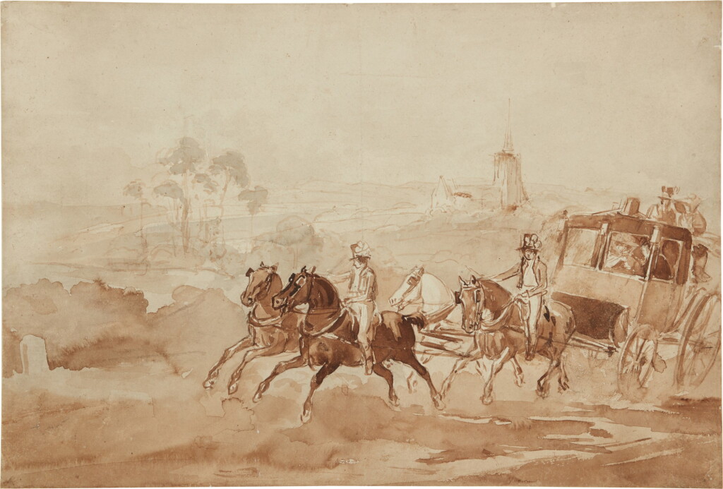 View full screen - View 1 of Lot 279. Three drawings: A) A coach travelling through the countryside B) A street scene in Spain C) The races.