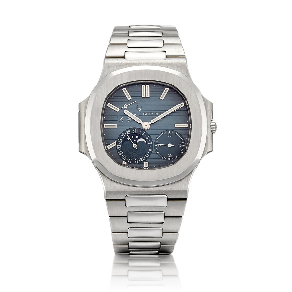 View full screen - View 1 of Lot 2249. Nautilus, Reference 3712 | '3 dots' A stainless steel bracelet watch with date, moon phases and power reserve indication, Made in 2005 | 百達翡麗 | Nautilus 型號3712 | '3 dots' 精鋼鏈帶腕錶,備日期、月相及動力儲備顯示,2005年製.