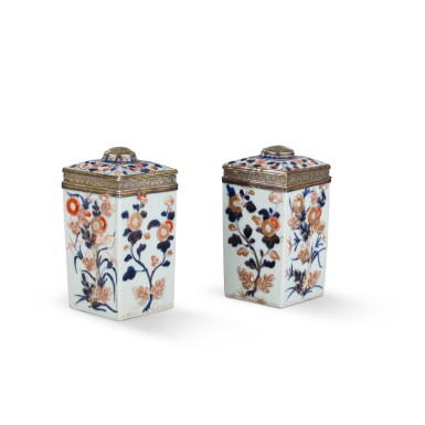 View full screen - View 1 of Lot 98. A pair of Louis XV silver-mounted Imari embossed porcelain square boxes, Paris, 1722-1726.