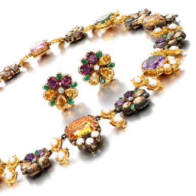 View full screen - View 1 of Lot 52. Gem set, pearl and diamond demi-parure, circa 1800 .