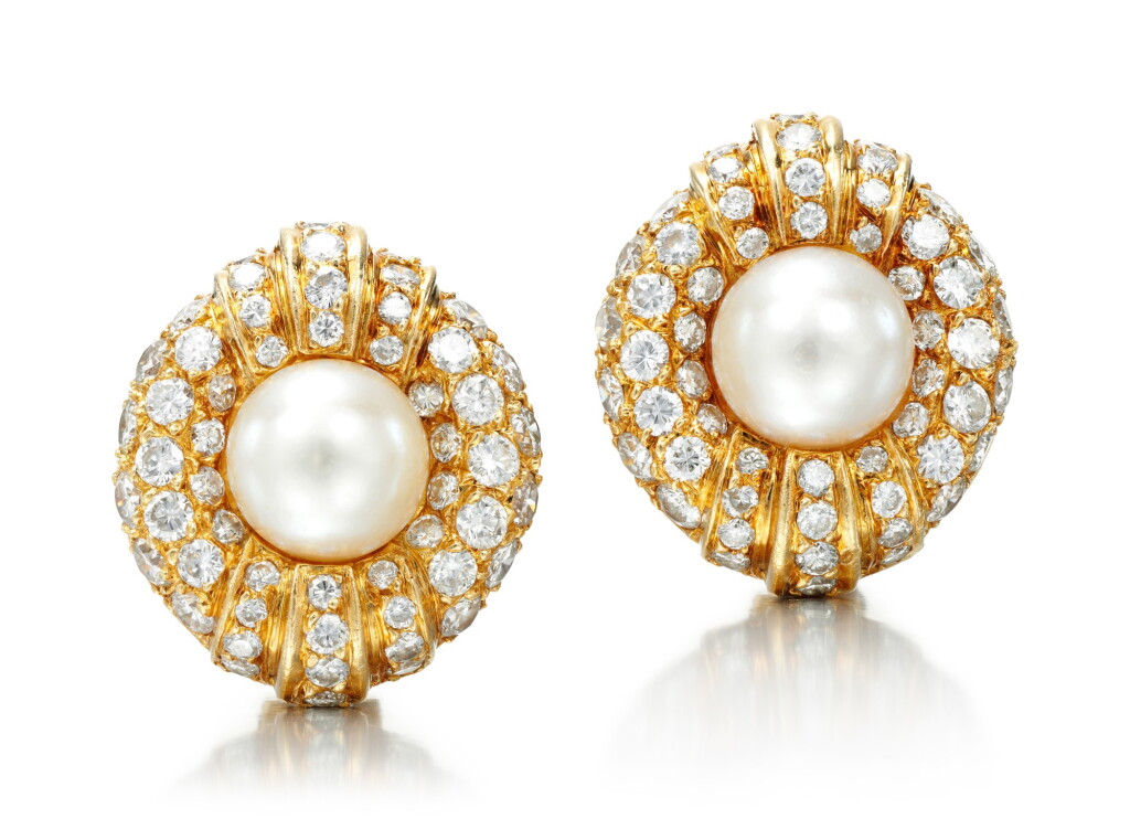 View full screen - View 1 of Lot 102. PAIR OF CULTURED PEARL AND DIAMOND EAR CLIPS, VAN CLEEF & ARPELS.
