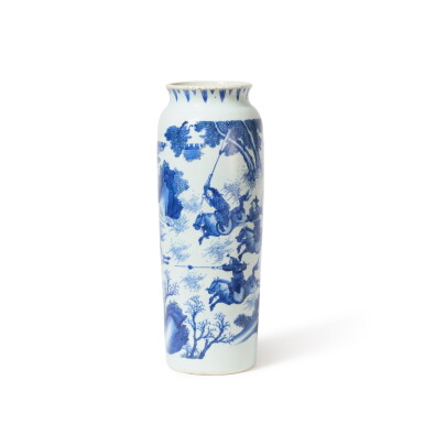 Eine blau-weiße Porzellan „Krieger“-Hülsenvase, China