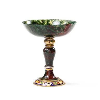 View full screen - View 1 of Lot 154. A silver-gilt and enamel-mounted moss agate cup, apparently unmarked, Germany, late 19th century.