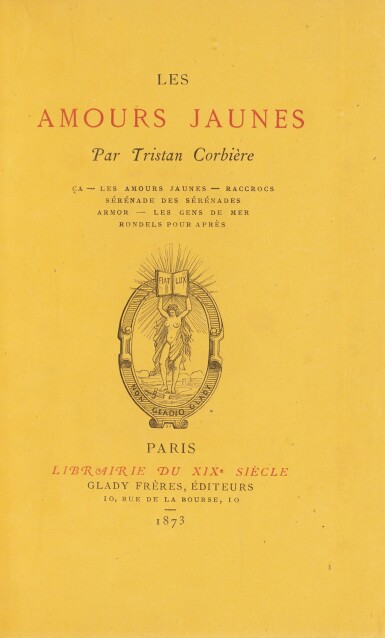 View full screen - View 1 of Lot 38. CORBIERE. Les Amours Jaunes. 1873. Edition originale. 1/9 exemplaires sur papier jonquille. Rare..