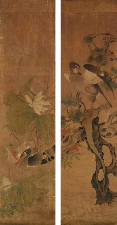 View full screen - View 1 of Lot 167. Anonymous, Flowers and Birds, ink and colors on paper, a pair of hanging scrolls.