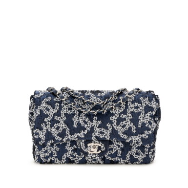 View full screen - View 1 of Lot 137. Navy and White Sequined CC Medium Classic Flap Bag Silver Hardware, 2019.