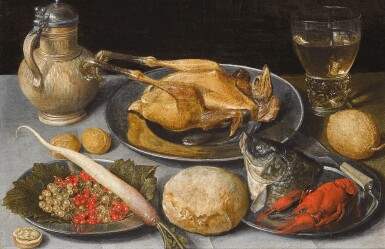 View full screen - View 1 of Lot 437. Still Life with a Roast Fowl, Carp's Head, Crayfish, Currants, and a Radish in Pewter Dishes, a Roemer and Earthenware Jug upon a Tabletop.