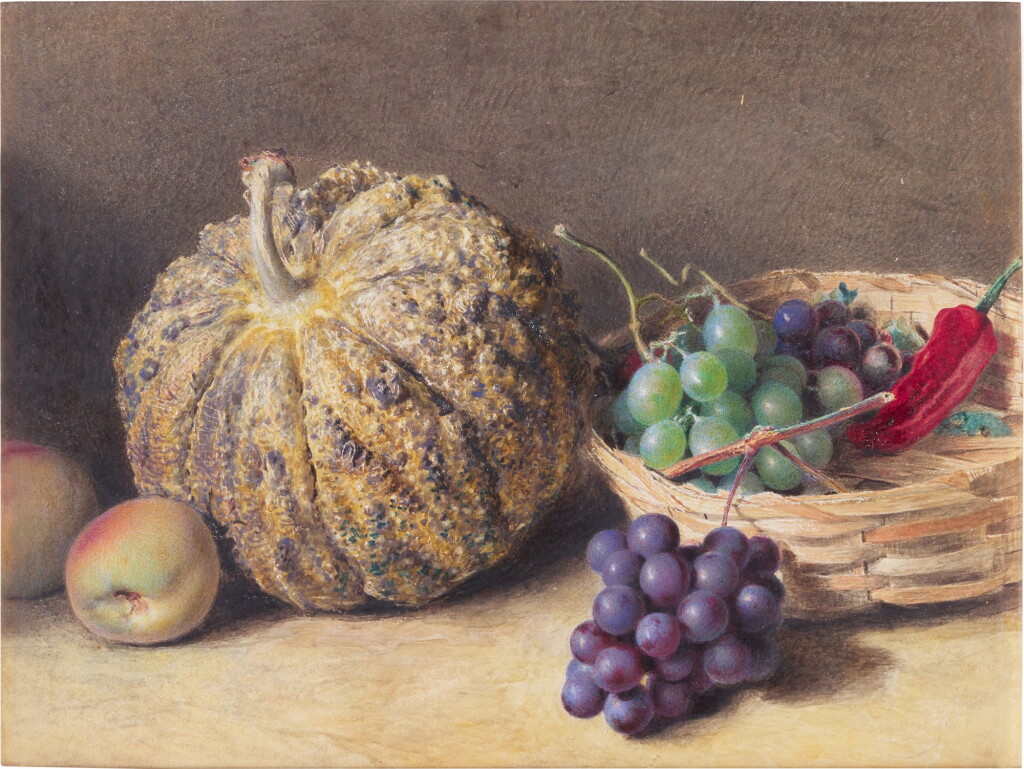 View full screen - View 1 of Lot 214. Still life with squash, peaches, grapes and a pepper.