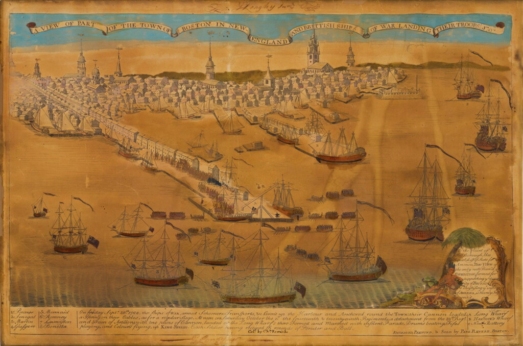 View full screen - View 1 of Lot 1509. A View of Part of the Town of Boston in New-England and Brittish Ships of War: Landing Their Troops! 1768 (Brigham Plate 24).