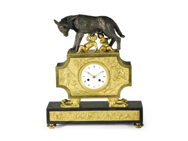View full screen - View 1 of Lot 56. A DIRECTOIRE GILT AND PATINATED BRONZE AND MARBLE MANTEL CLOCK DEPICTING THE TALE OF ROMULUS AND REMUS, CIRCA 1800.