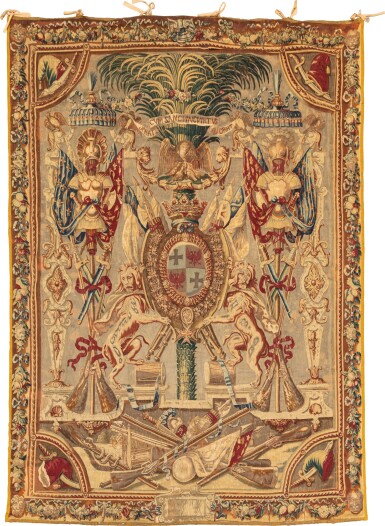 View full screen - View 1 of Lot 394. A Louis XIV Manufacture Royales des Gobelins tapestry, with the La Béraudière family coat-of-arms | Tapisserie portière de la Manufacture Royale des Gobelins d'époque Louis XIV, avec les armes de la famille La Béraudière.