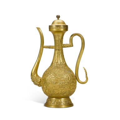 View full screen - View 1 of Lot 364. A gilt-bronze 'dragon and phoenix' ewer and cover, 17th century | 十七世紀 鎏金銅龍鳳紋執壺連蓋.
