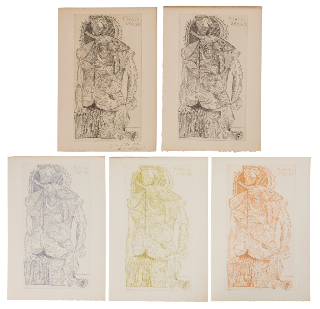 View full screen - View 1 of Lot 24. Contrée. Godet, 1944. Broché. Exemplaire de Lacourière, qui qui la gravure fut tirée. Avec une gravure signée par Picasso et une suite en couleurs..