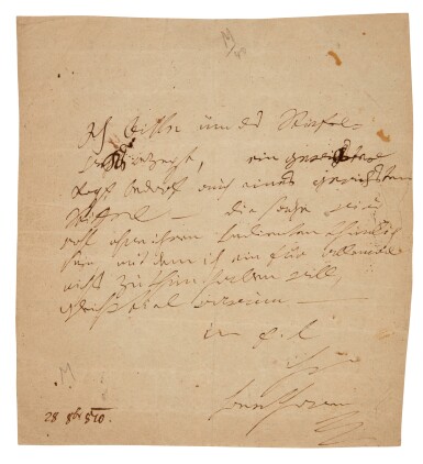 View full screen - View 1 of Lot 130. Ludwig van Beethoven | Autograph letter signed, to his friend Nikolaus von Zmeskall, 28 October 1810.