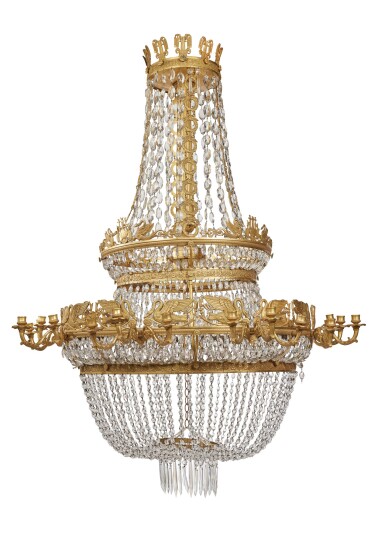 View full screen - View 1 of Lot 122. AN EMPIRE GILT BRONZE AND LEAD CRYSTAL CHANDELIER, EARLY 19TH CENTURY.