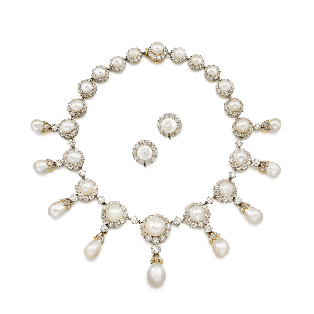 View full screen - View 1 of Lot 1855. Natural Pearl and Diamond Demi-Parure, Late 19th Century | 天然珍珠 配 鑽石 項鏈 及 耳環套裝,十九世紀末.