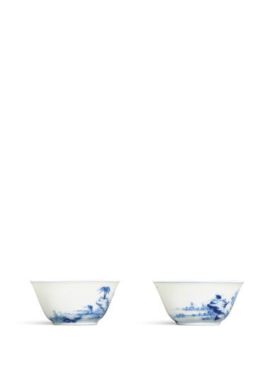 View full screen - View 1 of Lot 3631. A fine and very rare pair of blue and white 'fishermen' cups, Marks and period of Yongzheng | 清雍正 青花山水獨釣圖盃一對 《大清雍正年製》款.