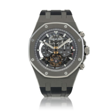 View full screen - View 1 of Lot 112. Royal Oak Tourbillon Chronograph, Ref. 26347TI.GG.D004CA.02.CG Titanium skeletonized tourbillon chronograph wristwatch Circa 2015 | 愛彼 | 26347TI.GG.D004CA.02.CG型號「Royal Oak Tourbillon Chronograph」鈦金屬鏤空陀飛輪計時腕錶,年份約2015.