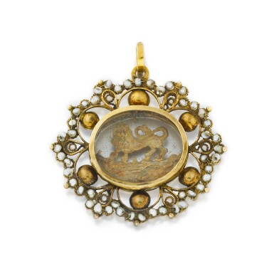 View full screen - View 1 of Lot 1034. A gold, seed pearl and glass pendant with a Lion, Spanish or South German, 18th/19th century.