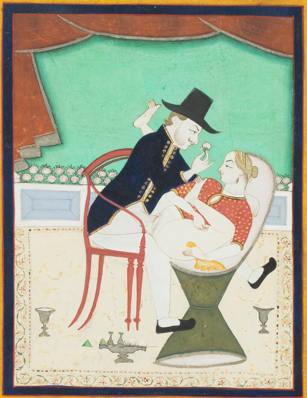 View full screen - View 1 of Lot 243. An Indian miniature depicting Europeans in an erotic scene, India, Rajasthan, Kotah, mid-19th century | Miniature indienne représentant une scène érotique d’un couple européanisant, Inde, Rajasthan, Kotah, milieu du XIXe siècle.