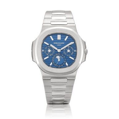 View full screen - View 1 of Lot 2240. Nautilus, Reference 5740 | A white gold perpetual calendar bracelet watch with day, date, moon phases, 24 hours and leap year indication, Circa 2020 | 百達翡麗 | Nautilus 型號5740 | 白金萬年曆鏈帶腕錶,備日期、星期、月相、24小時及閏年顯示,約2020年製.