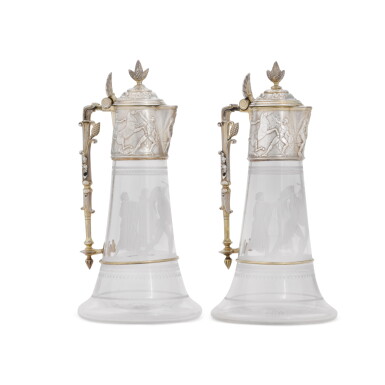 View full screen - View 1 of Lot 81. A pair of Victorian parcel-gilt silver-mounted glass claret jugs, Frederick Elkington for Elkington & Co., Birmingham, 1875.
