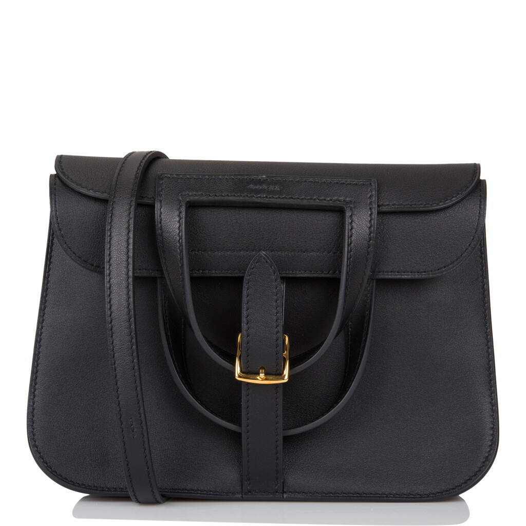 View full screen - View 1 of Lot 47. Hermès Black Mini Halzan 22cm of Swift Leather with Gold Hardware.