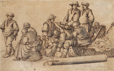 View full screen - View 1 of Lot 138. Fisherfolk on the shore, with a boat and nets.