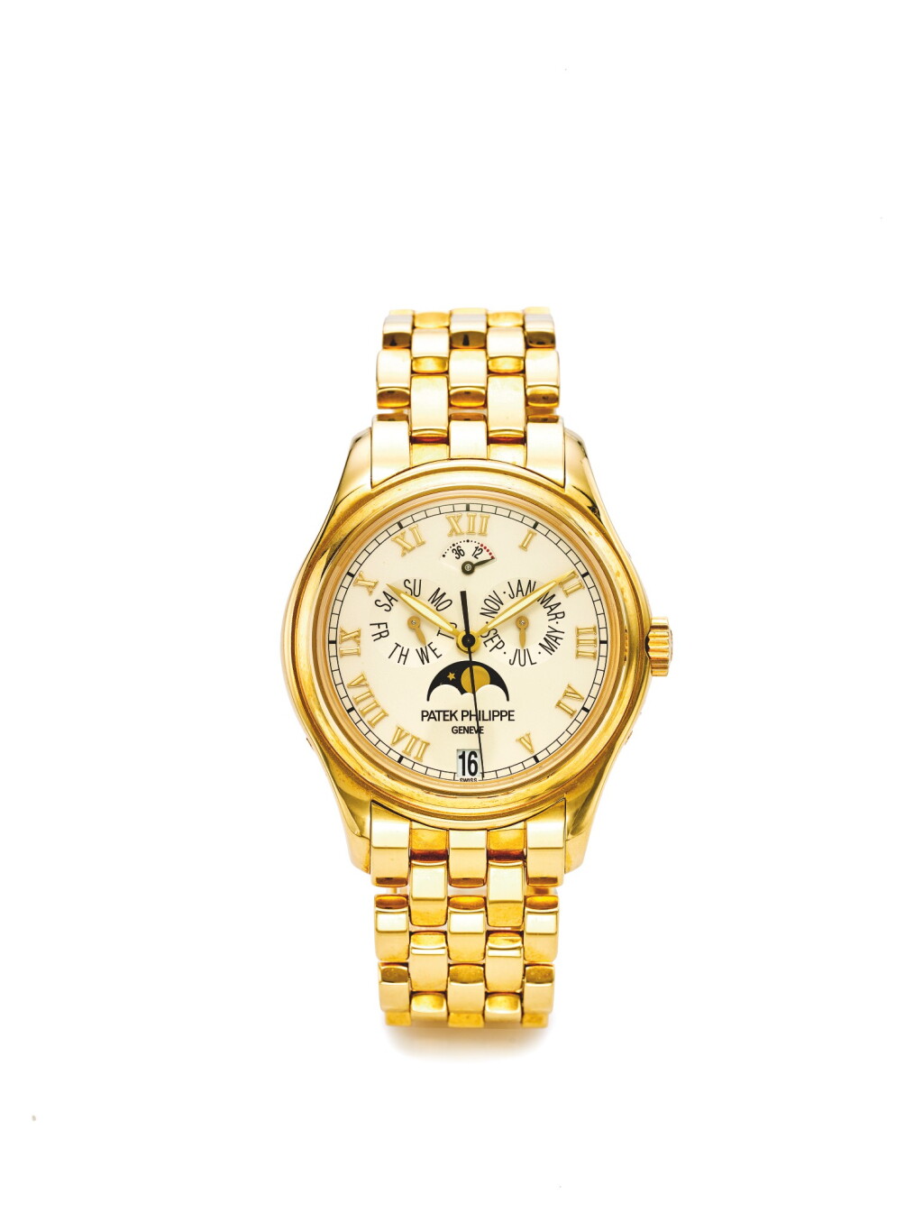 View full screen - View 1 of Lot 143. PATEK PHILIPPE | REF 5036/1J, A YELLOW GOLD AUTOMATIC ANNUAL CALENDAR WRISTWATCH WITH MOON PHASES AND POWER RESERVE INDICATION MADE IN 2001.