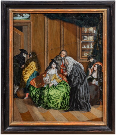 View full screen - View 1 of Lot 814. A reverse glass painting of elegant figures in an interior, 18th century, after Pietro Longhi .