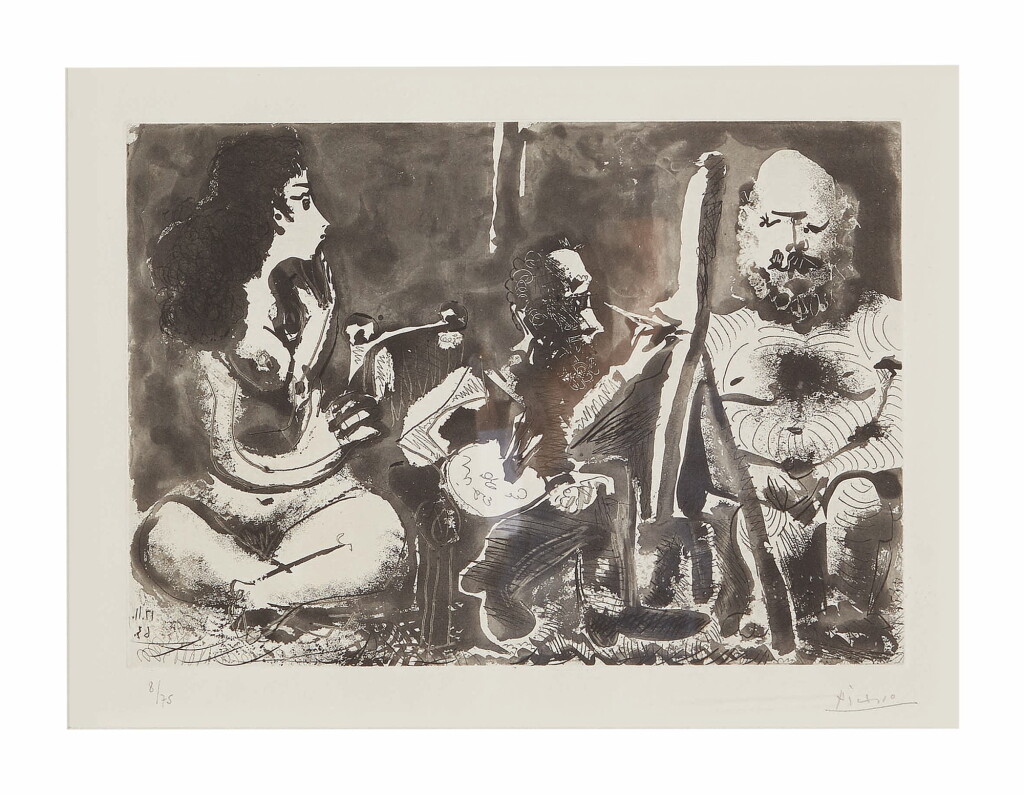 View full screen - View 1 of Lot 48. PABLO PICASSO | PEINTRE AU TRAVAIL AVEC MODÈLE BARBU ET UNE SPECTATRICE ASSISE EN TAILLEUR (B. 1130; BA. 1127; C. BKS. 122).