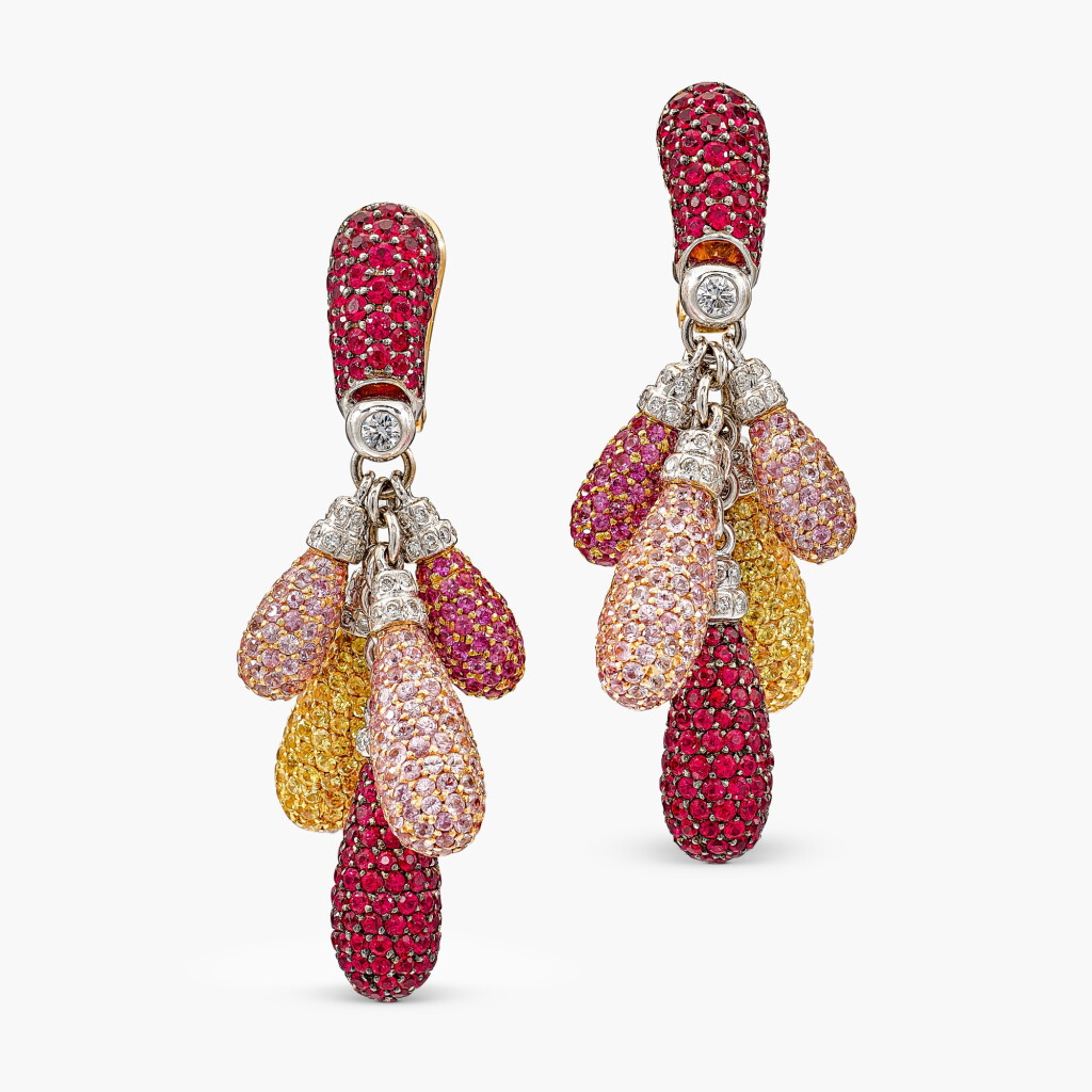 View full screen - View 1 of Lot 1412. Pair of Ruby, Coloured Sapphire and Diamond Earrings | de Grisogono | 紅寶石 配 彩色剛玉 及 鑽石 耳環一對.