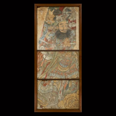View full screen - View 1 of Lot 36. A monumental fragmentary fresco of a guardian king Song – Yuan dynasty | 宋至元 彩繪天王像壁畫殘片.