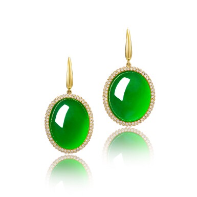 View full screen - View 1 of Lot 1913. Pair of Jadeite and Diamond Earrings | 天然翡翠 配 鑽石 耳墜一對.
