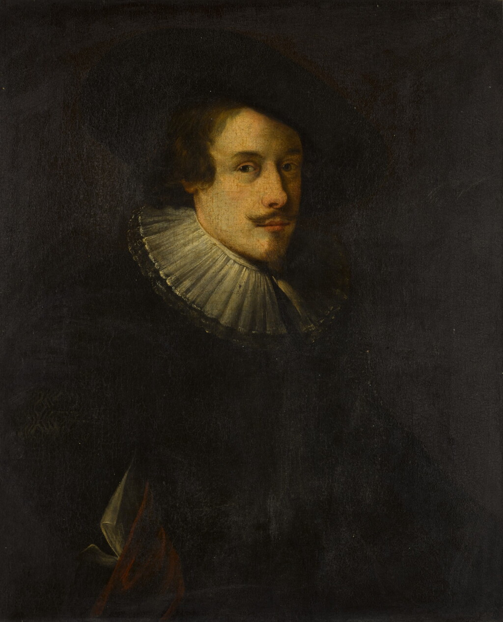 View full screen - View 1 of Lot 45. Portrait of a gentleman, half-length, wearing a black coat with a white ruff and black hat.