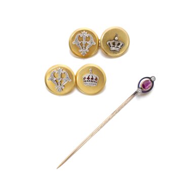 View full screen - View 1 of Lot 1098. Pair of diamond and gold presentation cufflinks, circa 1935 and a ruby and diamond tie pin, early 20th century.